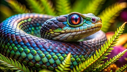 Fototapeta premium A Close-Up Portrait of a Snake with Iridescent Scales and an Intense Red Eye, Its Body Coiled Amidst Vibrant Green Foliage