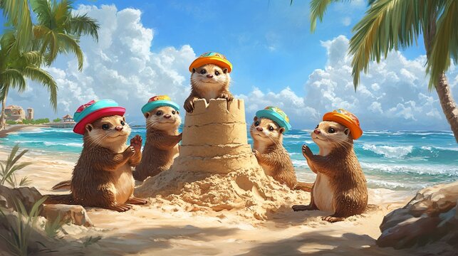 Five otters in colorful hats on a beach building a sandcastle.