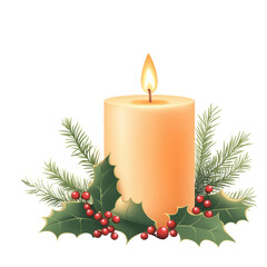 Lit pillar candle with holly leaves, red berries, and pine branches, isolated on white. Perfect for Christmas decor, holiday warmth, and winter celebrations.

