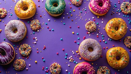 A symphony of colorful frosted donuts and sprinkles, arranged in a vibrant composition on a deep purple background.