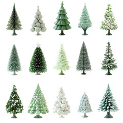 A collection of various green Christmas trees in different shapes and styles, isolated on a white background. This festive assortment is ideal for holiday decoration concepts, Christmas themes, and se