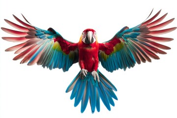 Obraz premium Colorful portrait of a macaw parrot in flight, showcasing bright feathers on a white background isolated