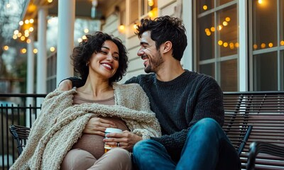 Husband Wrapping Pregnant Wife in Blanket on Porch, Relaxing at Night - Powered by Adobe