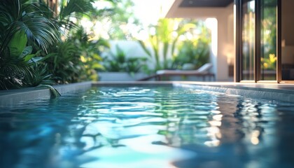 Tranquil indoor swimming pool surrounded by lush greenery and natural light in a modern setting