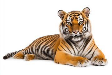 Obraz premium Fierce portrait of a tiger with striking orange and black stripes against a white background isolated