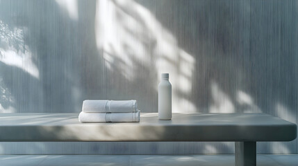 Tranquil Fitness Essentials: Water Bottle and Towel on Bench with Serene Empty Space