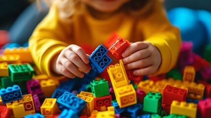 A child's hands playing with colorful building blocks.