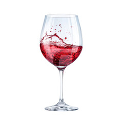 A glass of red wine with a dynamic splash, isolated on a white background. The vibrant red liquid in motion creates an elegant and lively visual, perfect for themes of celebration and luxury.