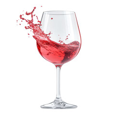 A glass of red wine with a dynamic splash, isolated on a white background. The vibrant red liquid in motion creates an elegant and lively visual, perfect for themes of celebration and luxury.