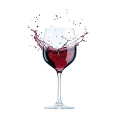 A glass of red wine with a dynamic splash, isolated on a white background. The vibrant red liquid in motion creates an elegant and lively visual, perfect for themes of celebration and luxury.
