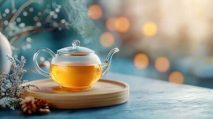 Fototapeta premium A serene image of a glass teapot filled with warm tea, steam rising elegantly. Perfect for conveying comfort, relaxation, and a cozy lifestyle aesthetic.