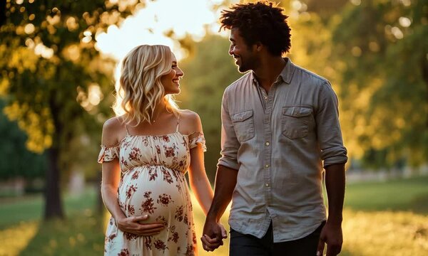 Interracial Pregnant Couple Holding Hands Walking Together at Sunset
