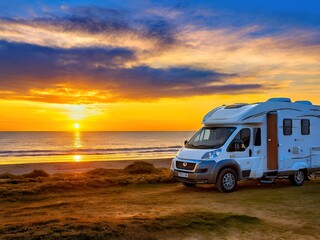 RV on shore at sunset, astrolabe nearby