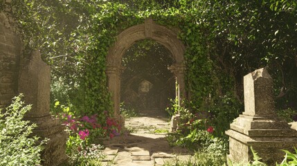 Fototapeta premium Ornate Stone Archway Entrance to Tomb Surrounded by Vibrant Flowers and Greenery, Contrast of Old and New, Ultra-Detailed Photography