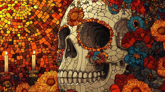 Colorful Calavera with Flowers and Candles Illustration day of the dead