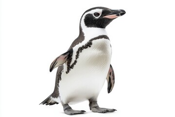 Naklejka premium Playful penguin portrait waddling with upward gaze against a minimalist white background isolated