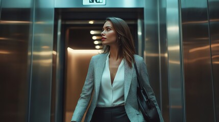 A businesswoman in a gray blazer walks towards the open doors of an elevator.