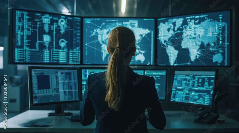 Poster surveillance room with multiple screens displaying data and world map