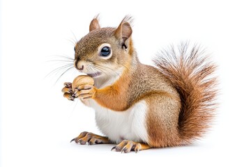 Obraz premium Adorable red furred squirrel holding nut, captured in full length portrait against white backdrop isolated