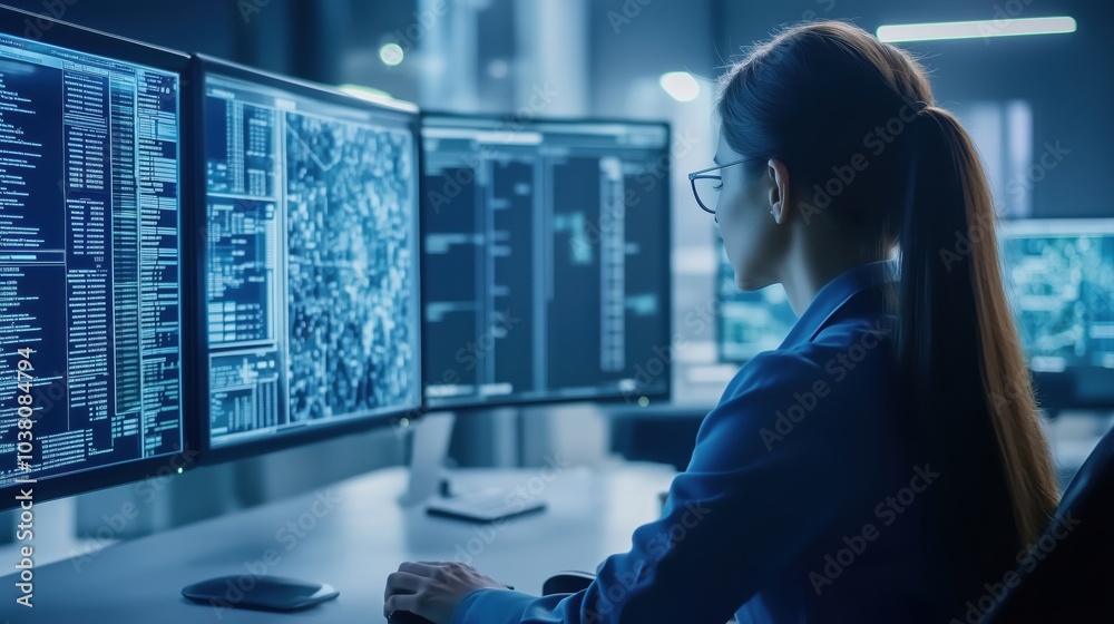Aufkleber data analyst working on multiple monitors, analyzing complex data sets
