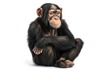 Fototapeta premium Thoughtful chimpanzee portrait with dark brown fur, crossed legs, and minimalist background isolated
