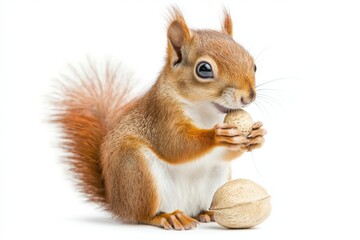 Obraz premium Adorable red furred squirrel posing with a nut in its paws against a clean white background isolated