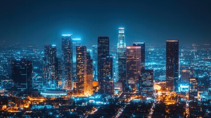 A smart city skyline at night with illuminated buildings, Urban development scene, Futuristic style