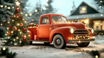 A charming red vintage truck adorned with festive lights, parked beside a decorated Christmas tree, set against a cozy winter home backdrop.