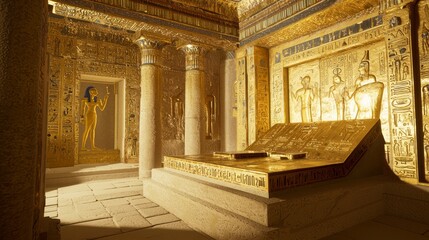 Naklejka premium Opulent Richly Adorned Tomb: Intriguing Interior with Plush Fabrics and Golden Artifacts Exuding Luxury and Mystery