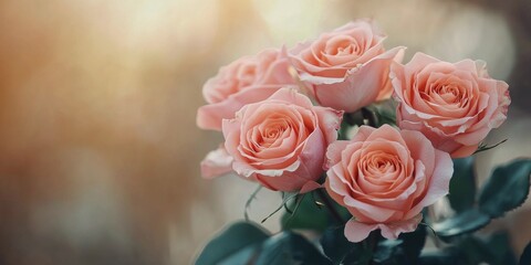 Soft pink roses arranged gracefully, illuminated by warm sunlight in a garden setting