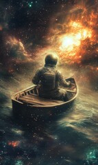 Astronaut rows boat through starry space.