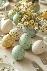 Fototapeta premium Colorful Easter eggs arranged on a table with spring flowers and pastel dinnerware in daylight