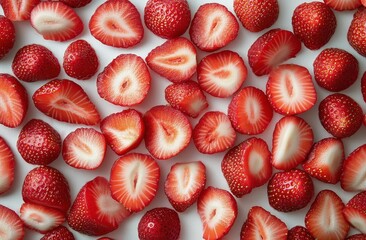 Freshly sliced strawberries arranged beautifully on a white surface during daytime