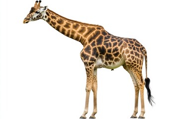 Fototapeta premium Minimalist portrait of a giraffe with spotted fur, neck extended and facing the camera on white isolated