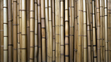 Fototapeta premium Tall Bamboo Strips With A Natural Golden Brown Finish Perfect For Zen-inspired Interiors Or Tropical Designs