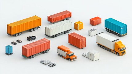 Miniature transport containers and trucks on white background. Generative AI