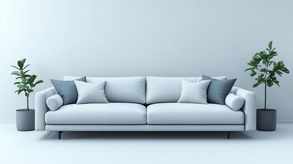 Fototapeta premium Modern Scandinavian interior with a minimalist gray sofa and two green plants on a white background. Generative AI