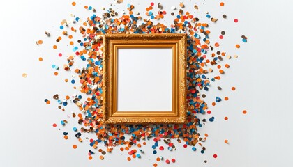 A decorative golden frame surrounded by colorful confetti, suggesting celebration or creativity.