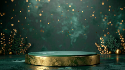 Luxury Elegant Marble Podium with Green and Gold Background for Product Display