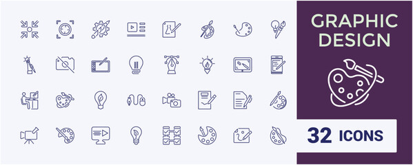 Graphic Design icons set. Art and design vector illustration in modern thin line style of computer graphics related icons. Tools, and more.