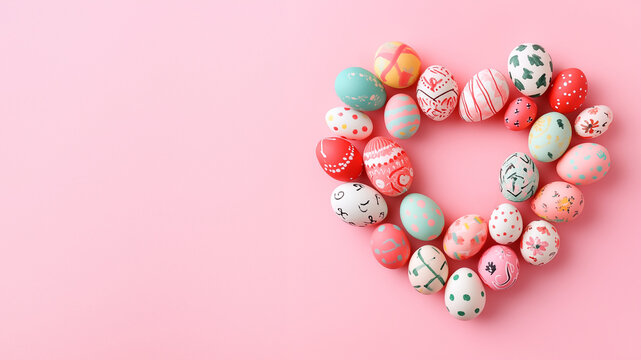 Vibrant Easter eggs arranged in a heart shape with pink background, copy space as template, cards, banner, website, wallpaper