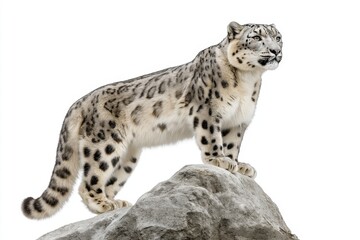 Obraz premium Striking portrait of a snow leopard with spotted fur, fierce expression, and minimalist background isolated
