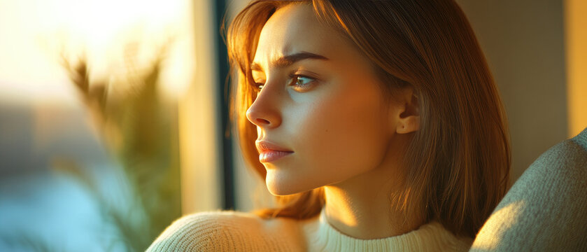 Contemplative young woman gazing out the window, seated on a cozy couch, reflecting on thoughts in a serene home environment