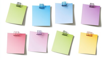 Multicolored sticky notes clipped on a white background. Generative AI