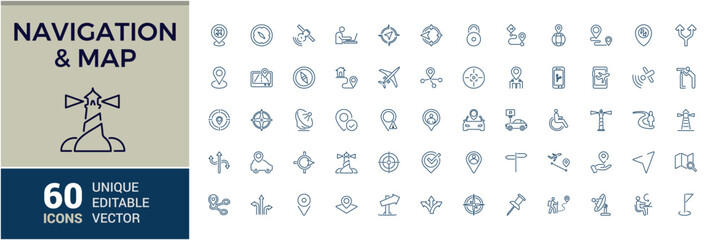 Navigation and location icons set. Map icons. Arrows and ddestination editable stroke. Vector illustration.