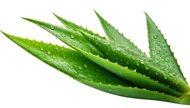 Fresh aloe vera leaves with water droplets on a white isolated background transparent