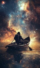 Astronaut rowing boat across starry sky.