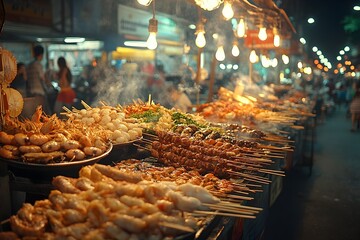 Bustling Street Food Market in Thailand with Grilled Meats and Seafood Stalls