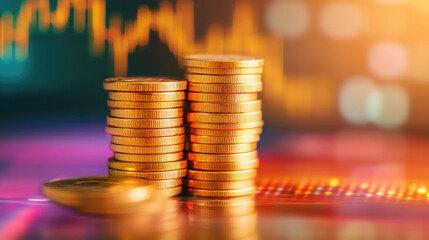Stacked coins representing growth, financial chart blurred in background, symbolizing economic progress and investment trends.