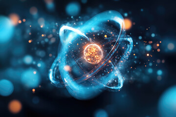 Obraz premium Subatomic Particles Visualization, intricate design of particles in motion, deep blue backdrop enhancing the complexity of atomic structure